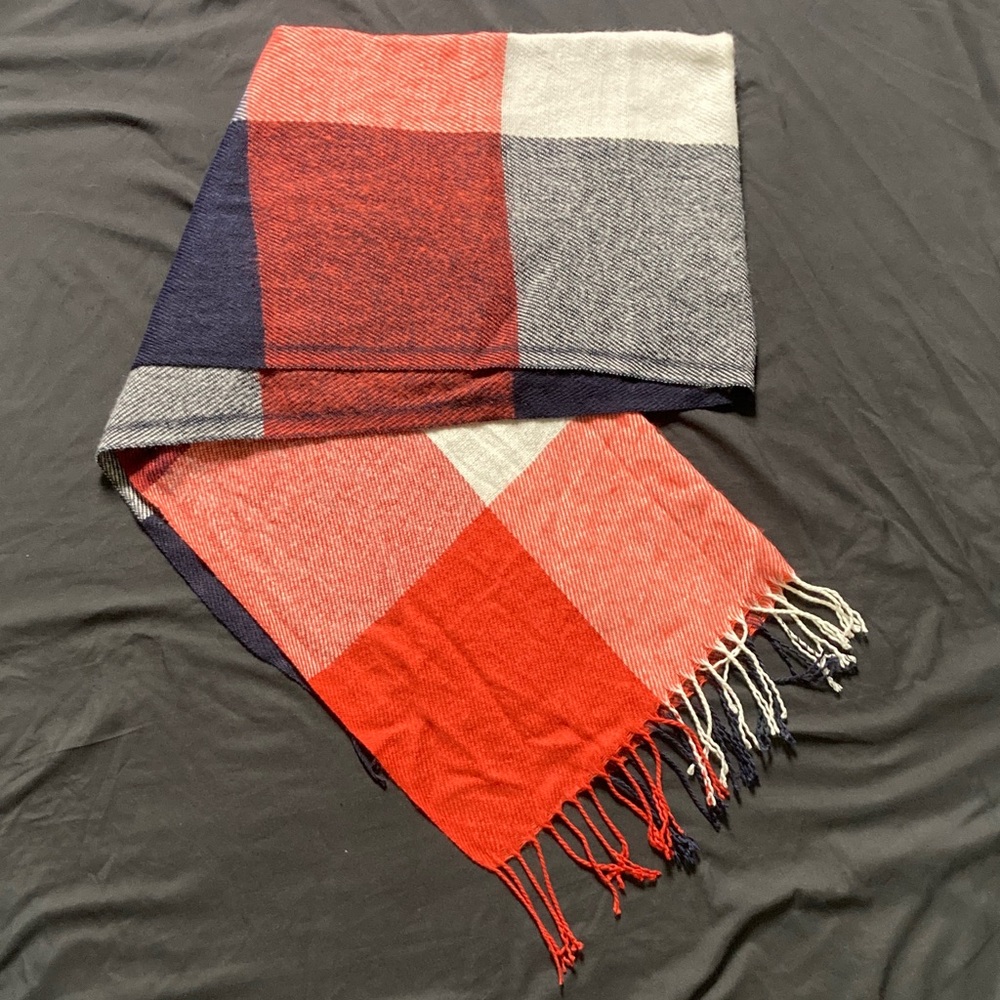 Scarf with Fringe Red Navy White Soft and Cozy